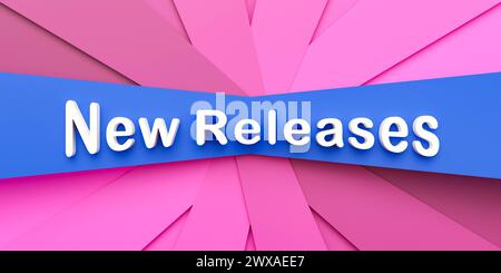 New releases. New releases. Purple and blue paper stripes. Text, new releases in white letters. Update, version, merchandise, upgrade, marketing. 3D i Stock Photo