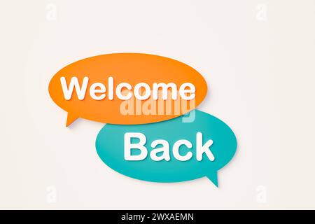 Welcome back, online speech bubble. Welcome back. Chat bubble in orange, blue colors. Welcoming ceremony, back, aboard, togetherness, community, messa Stock Photo