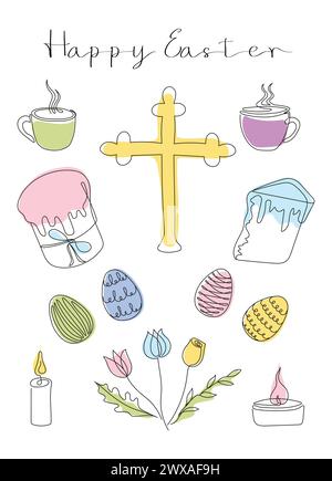 Easter card with Happy Easter greeting. Easter Set in continuous one line style with design elements like Easter cakes, eggs, cross, steaming mugs, candles, flowers. Vector art isolated on white Stock Vector