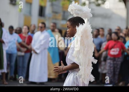 salvador, bahia, brazil - march 29, 2024: actors perform the passion of christ in the city of salvador. Stock Photo