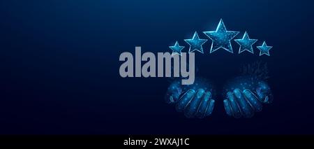 Two human hands hold a five star. Wireframe glowing low poly design on a blue background. Abstract futuristic vector illustration Stock Vector