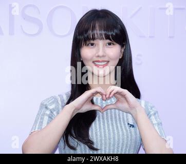 Seoul, South Korea. 29th Mar, 2024. South Korean actress Kim So-hyun, attends a photocall for the Maison Kitsune Baby Fox collection launching event in Seoul, South Korea on March 29, 2024. (Photo by: Lee Young-ho/Sipa USA) Credit: Sipa USA/Alamy Live News Stock Photo