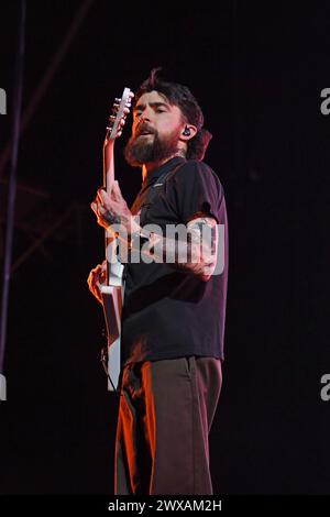 Neck Deep performing at Alexandra Palace LONDON, ENGLAND - MARCH 28: Matt West of Neck Deep performing at Alexandra Palace on March 28, 2024 in London, England. CAP/MAR MAR/ Great Britain Copyright: xMartinxHarris/CapitalxPicturesx Stock Photo