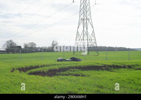 South Heath, UK. 29th March, 2024. Two sinkholes that appeared in a field in South Heath, Buckinghamshire earlier this month near to the HS2 North Portal where HS2 have been tunnelling for the High Speed Rail Chilterns Tunnel, remain fenced off by HS2. One sinkhole is very near to an electricity pylon. Credit: Bucksctrypics/Alamy Live News Stock Photo