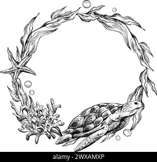 Underwater world clipart with sea animals turtle, shells, bubbles, coral and algae. Graphic illustration hand drawn in black ink. Circle wreath, frame Stock Vector