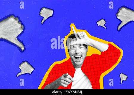 Collage image artwork of cheerful positive bad guy showing you and laughing bully abuse prank joke isolated on drawing background Stock Photo
