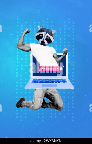3D photo collage composite trend artwork sketch image of man show arm muscle headless raccoon face instead appear from laptop screen Stock Photo