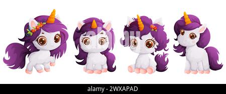 A set of four happy and cute milky unicorns with a purple mane. Pony with a yellow horn. Cartoon style, vector. Stock Vector