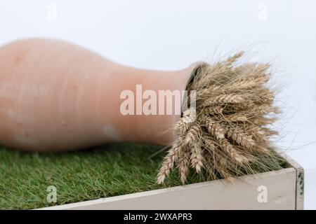 A fake hand is shown with a sprig of grass placed on top of it, creating an interesting juxtaposition of artificial and natural elements. Stock Photo