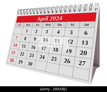 April 2024 calendar. Page of the annual business desk month calendar isolated on white background Stock Photo
