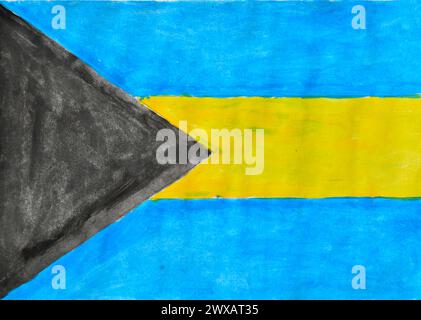 Flag of the country of the Bahamas painted with watercolors on a sheet of paper. Stock Photo