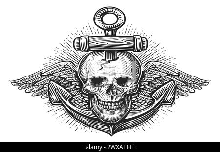Anchor and human skull with wings. Vintage illustration sketch engraving style Stock Vector