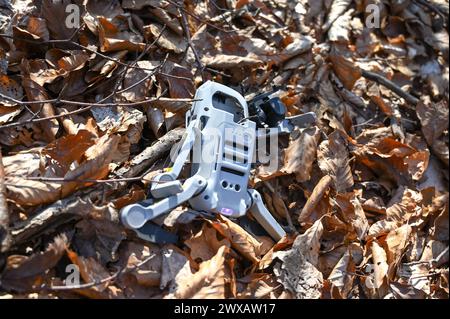 Crashed and damaged drone. Broken arms and camera gimbal of drone in forest ground. Drone fell to the ground. Accident during flight. Stock Photo