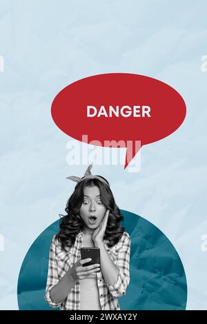 Trend artwork sketch image composite 3D photo collage of young pinup lady hold phone in hand stared in display alarm textcloud danger Stock Photo
