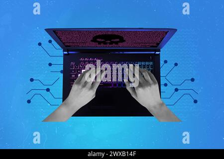 Trend artwork composite sketch image 3D photo collage of hacker hands try attack laptop software system find password personal data Stock Photo