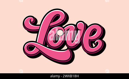 Stylized pink 'Love' text with 3D effect on a pastel peach background, modern typography design. Stock Vector