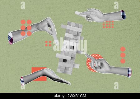 Trend artwork composite sketch image 3D photo collage of four friends hands play together game jenga hold pull wooden blocks balance pile Stock Photo