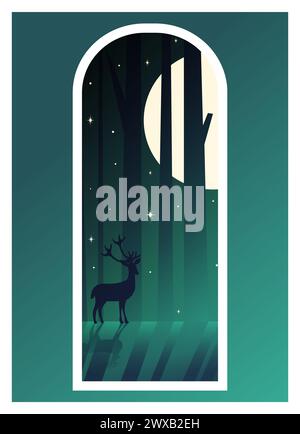 Silhouette of deer standing in night forest view. Magical misty landscape, fog. Stock Vector