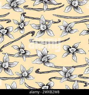 Vanilla flowers and pods. Vector seamless pattern. Vintage style. Hand drawn sketch engraving. Stock Vector