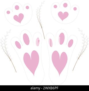 Cute rabbit foot prints with pink hearts and willow branches. Design for celebrating Easter or New Year, greeting card or invitation. Vector flat illu Stock Vector