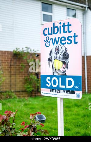 Leatherhead Surrey, UK, March 29 2024, Cubitt and West Estate Agents Sold House Sign Board With No People Stock Photo