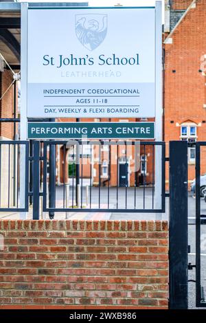 Leatherhead Surrey, UK, March 29 2024, St Johns Mixed Independent School Leatherhead Surrey Sign Board With No People Stock Photo