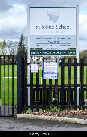 Leatherhead Surrey, UK, March 29 2024, St Johns Mixed Independent School Leatherhead Surrey Sign Board With No People Stock Photo