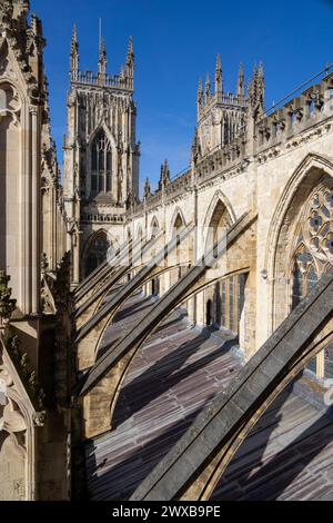 south side of nave with flying buttresses, York Minster cathedral, England Stock Photo