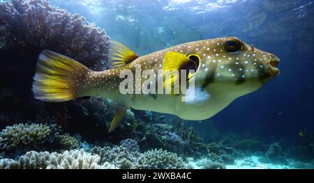 White-spotted puffer, Whitespotted blaasop or Stripedbelly blowfish (Arothron hispidus). Its distribution extends through the Indo-Pacific area Stock Photo