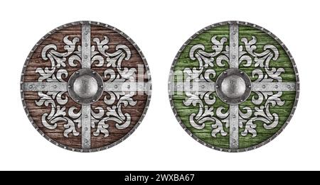 Old decorated wooden round shield isolated on white background Stock Photo