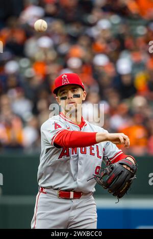 Baltimore, Maryland, USA. 28th Mar, 2024. Los Angeles Angels shortstop Zach Neto (9) throws the ball during the opening day game between the Los Angeles Angels and Baltimore Orioles played at Oriole Park at Camden Yards in Baltimore, Maryland. Cory Royster/Cal Sport Media/Alamy Live News Stock Photo
