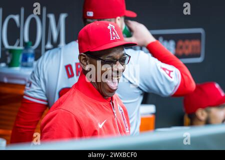 Baltimore, Maryland, USA. 28th Mar, 2024. Los Angeles Angels manager Ron Washington in the dugout before the opening day game between the Los Angeles Angels and Baltimore Orioles played at Oriole Park at Camden Yards in Baltimore, Maryland. Cory Royster/Cal Sport Media/Alamy Live News Stock Photo