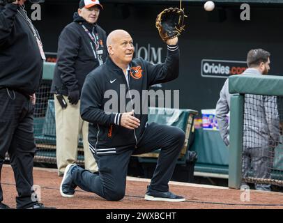 Baltimore, Maryland, USA. 28th Mar, 2024. Baltimore Orioles legend Cal Ripken before the opening day game between the Los Angeles Angels and Baltimore Orioles played at Oriole Park at Camden Yards in Baltimore, Maryland. Cory Royster/Cal Sport Media/Alamy Live News Stock Photo