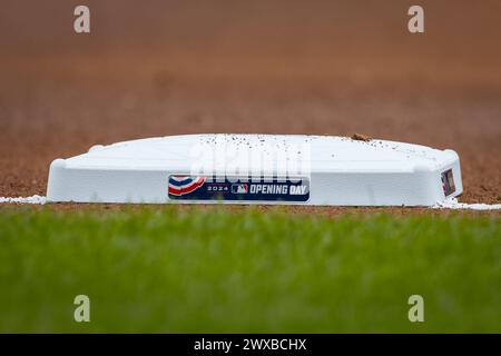 Baltimore, Maryland, USA. 28th Mar, 2024. The third base plate commemorating the start of the season during the opening day game between the Los Angeles Angels and Baltimore Orioles played at Oriole Park at Camden Yards in Baltimore, Maryland. Cory Royster/Cal Sport Media/Alamy Live News Stock Photo