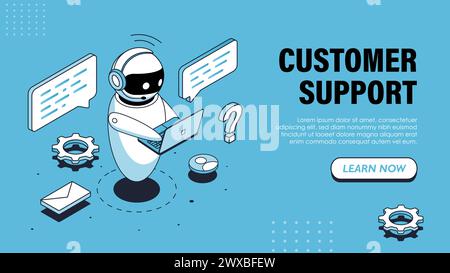 Isometric customer support poster. Bot with digital tablet near gears and messages. Technical assistance and hotline. Landing webpage design. Cartoon Stock Vector