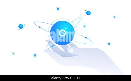 New AI on hand. Artificial intelligence and machine learning. Robotic hand with information. Scientific and futuristic poster or banner. Cartoon neon Stock Vector