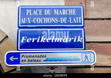 Boat trip on the L'ILL, Strasbourg, Alsace, Multilingual signpost with directions to various destinations, Strasbourg, Alsace, France Stock Photo