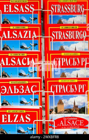 A selection of travel guides about Strasbourg in different languages on one stand, Strasbourg, Alsace, France Stock Photo