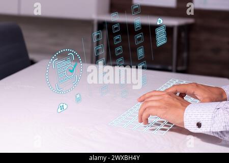 Business person using a virtual reality computer to manage business documents, cloud storage, record keeping, database technology, file access, docume Stock Photo