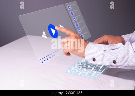Online streaming concept. Person using virtual reality interface watching video on the internet, media player with play button. Stock Photo