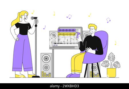 People in recording studio vector linear Stock Vector