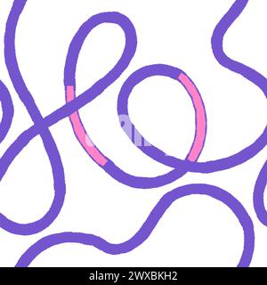 Seamless pattern of bright colorful abstract squiggles print, continuous line, scribble spiral and wavy lines. retro 80s. Chaotic ink brush texture. V Stock Vector