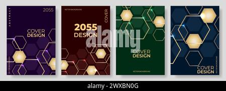 Colorful hexagonal abstract poster background vector set. Gold 3D hexagon style cover template for social media, poster, flyer, banner, brochure Stock Vector