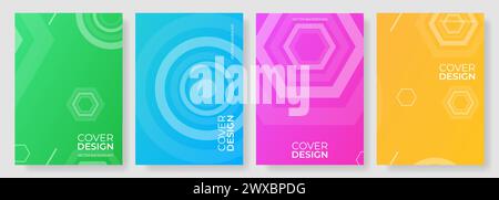 Abstract geometric style posters collection. Green, blue, pink, yellow memphis vertical background vector set. Cover design template for social media Stock Vector