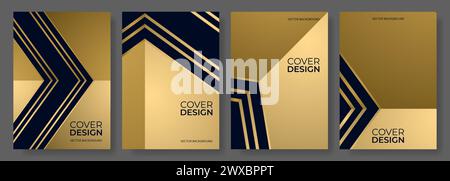 Black and gold 3D abstract modern vertical posters vector set. A4 resolution geometric background elegant cover design for brochure, book, flyer Stock Vector