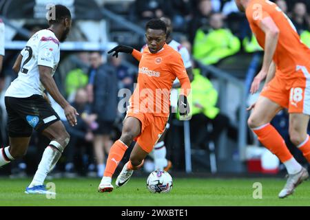 Karamoko Dembele of Blackpool in action during the Sky Bet League 1 match between Derby County and Blackpool at the Pride Park, Derby on Friday 29th March 2024. (Photo: Jon Hobley | MI News) Credit: MI News & Sport /Alamy Live News Stock Photo