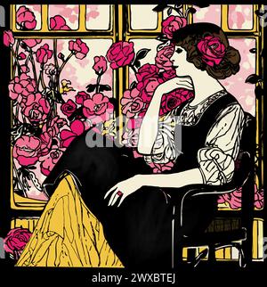 Art Nouveau style illustration of a woman in black and yellow dress sitting on porch looking out window at garden of pink roses and gardenia flowers, Stock Vector