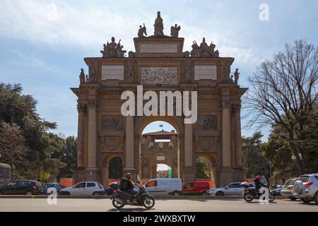 Florence, Italy - April 01 2019: The Triumphal Arch of the Lorraine is an 18th-century, monumental triumphal arch,  located in Piazza della Libertà. Stock Photo