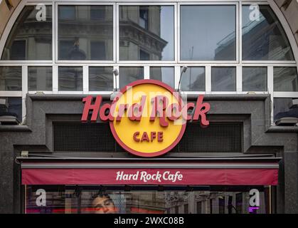 The Hard Rock Cafe in Piccadilly Circus. Iconic logo of the American themed restaurant chain. Eating out in the heart of London's vibrant scene. Stock Photo