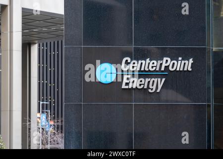 Houston, Texas, USA - February 27, 2022: CenterPoint Energy sign outside its headquarters in Houston, Texas, USA. Stock Photo